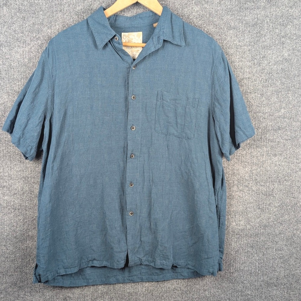 Tasso Elba Island Mens Large Blue Silk Linen Short Sleeve Button Up Shirt